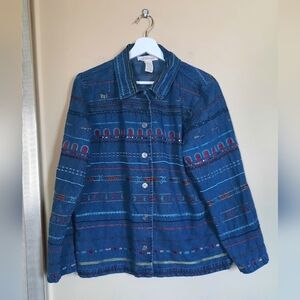 Vintage Vtg Women's Blue Patterned Denim Shirt Jacket Embroidery Embroidered